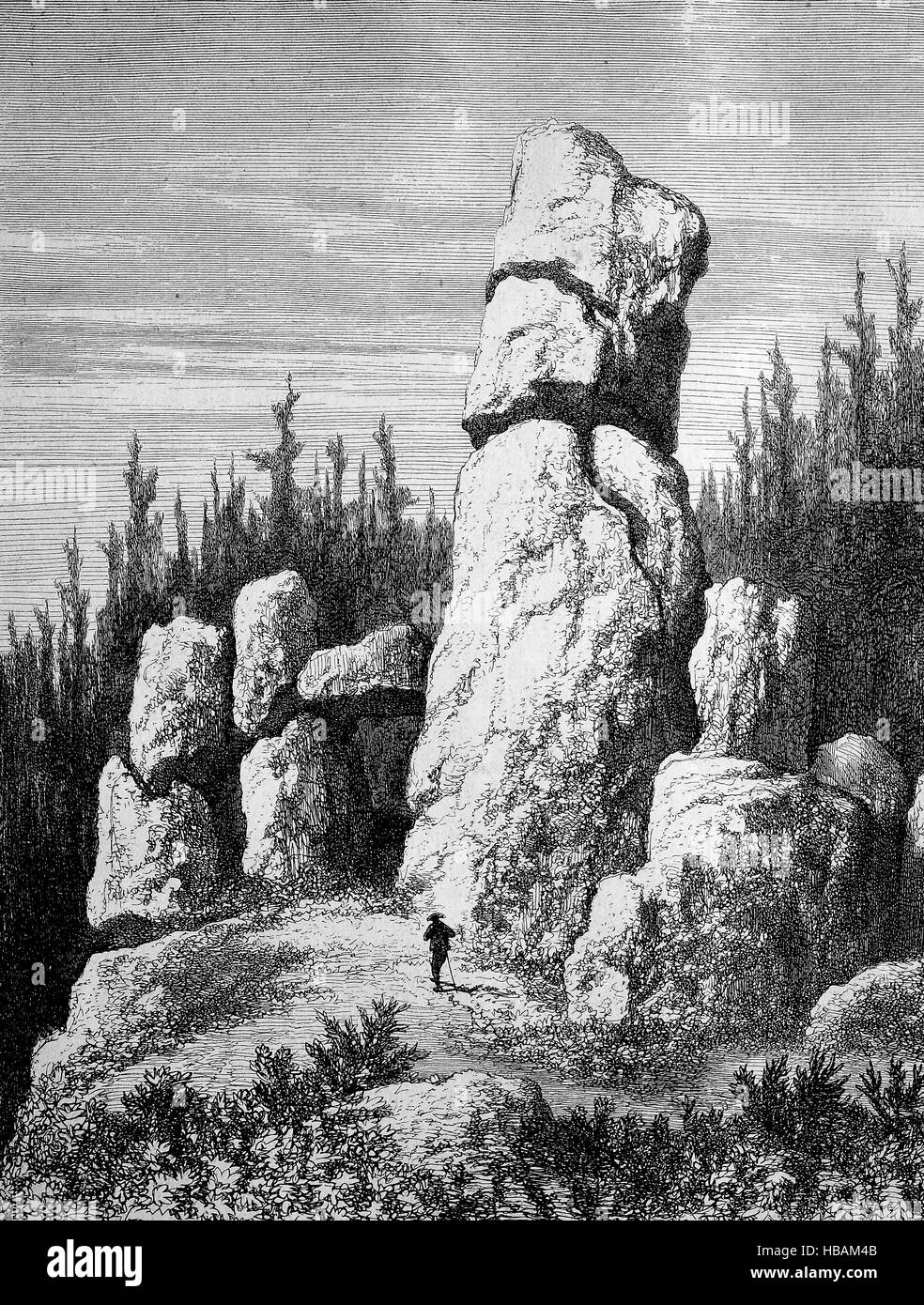 the rocks Ruessensteiner Felsen in the Blackwood, Black Forest, Germany, hictorical illustration from 1880 Stock Photo