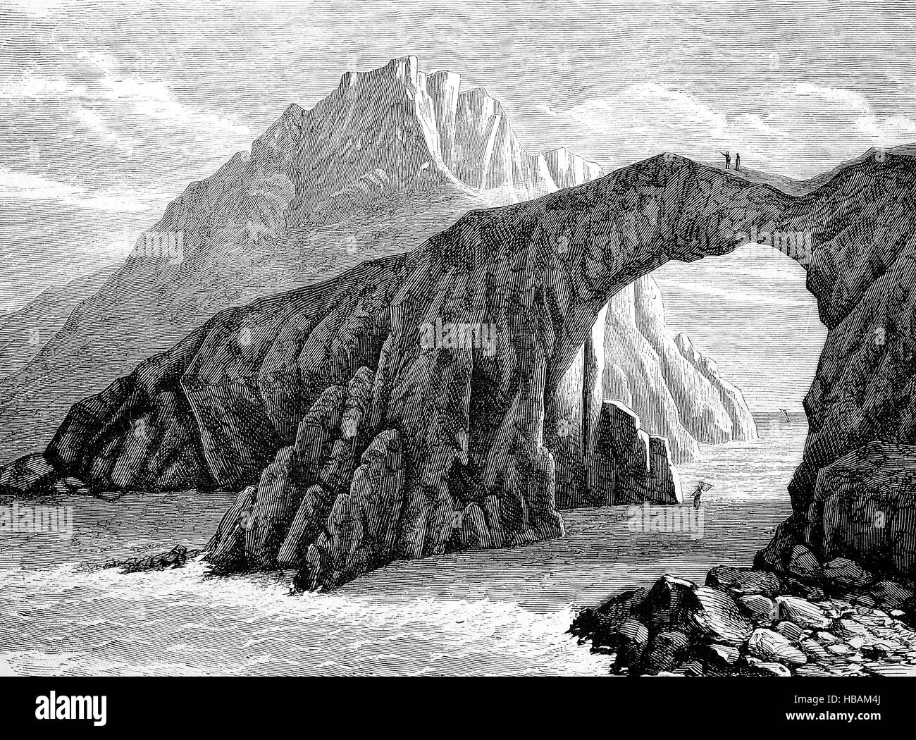 the rock arche of Ushant, Ouessant, an island at the south-western end of the English Channel which marks the north-westernmost point of metropolitan France, hictorical illustration from 1880 Stock Photo