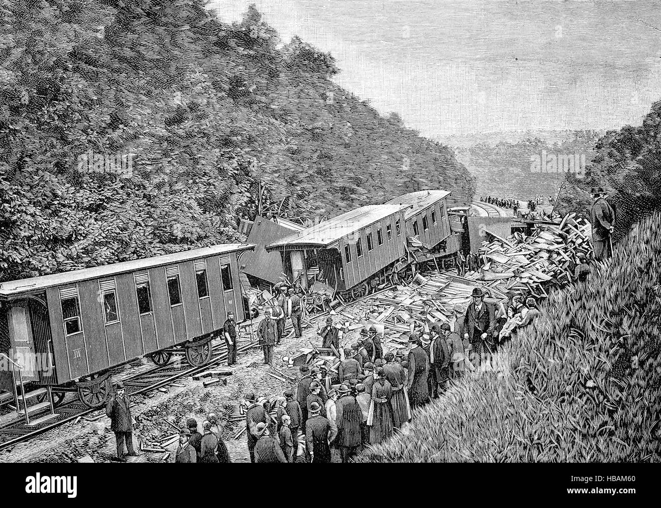 the big train sccident near Vaihingen, Germany, hictorical illustration from 1880 Stock Photo