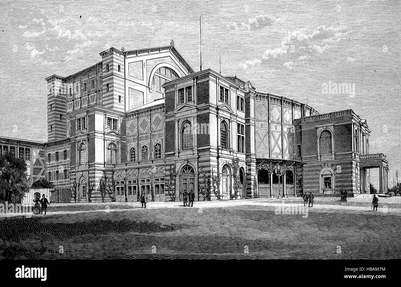 The Bayreuth Festspielhaus or Bayreuth Festival Theatre, or Richard Wagner Theatre, Bayreuth, Bavaria, Germany, hictorical illustration from 1880 Stock Photo