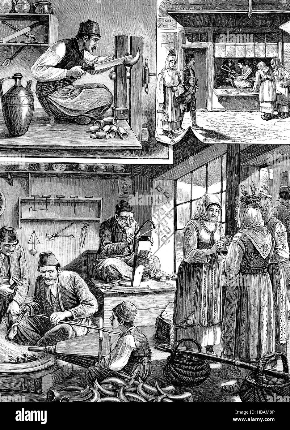 making combs, Comb maker workshop, here at Sofia, Bulgaria, hictorical illustration from 1880 Stock Photo