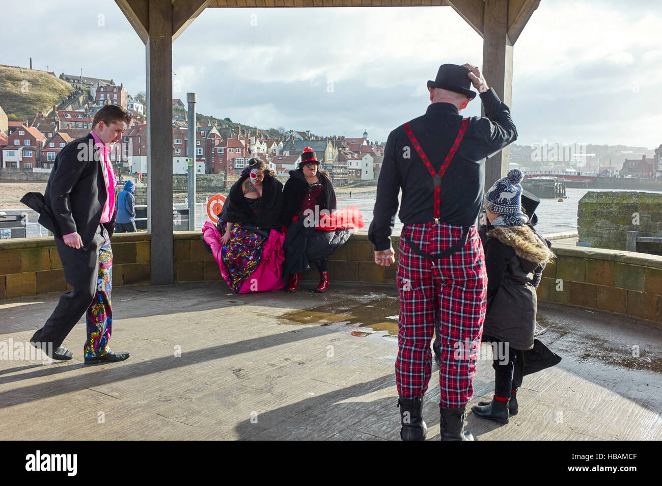 Steampunk ladies pose in Whitby during goth weekend Stock Photo