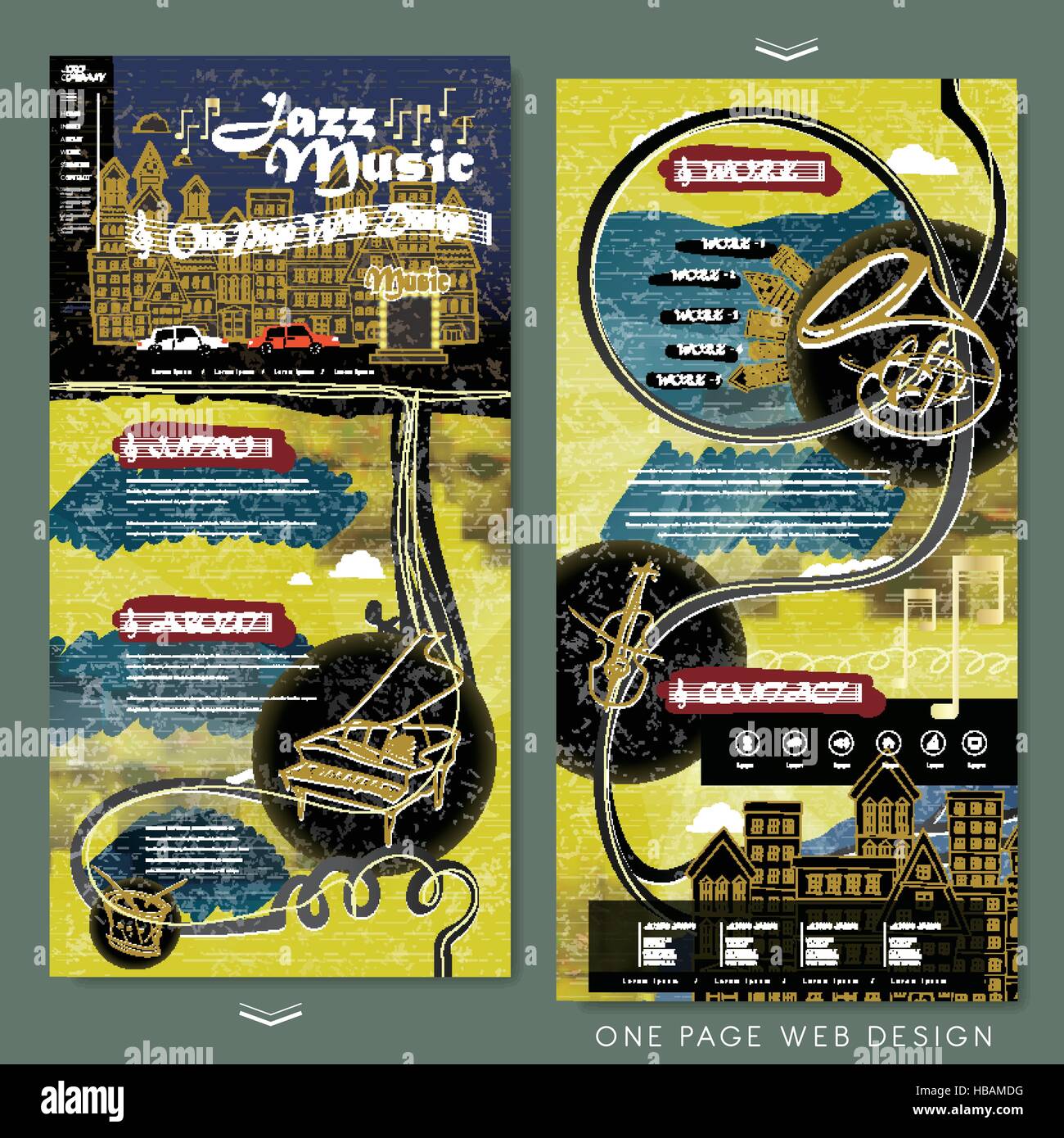 musical one page website template design with various instruments Stock