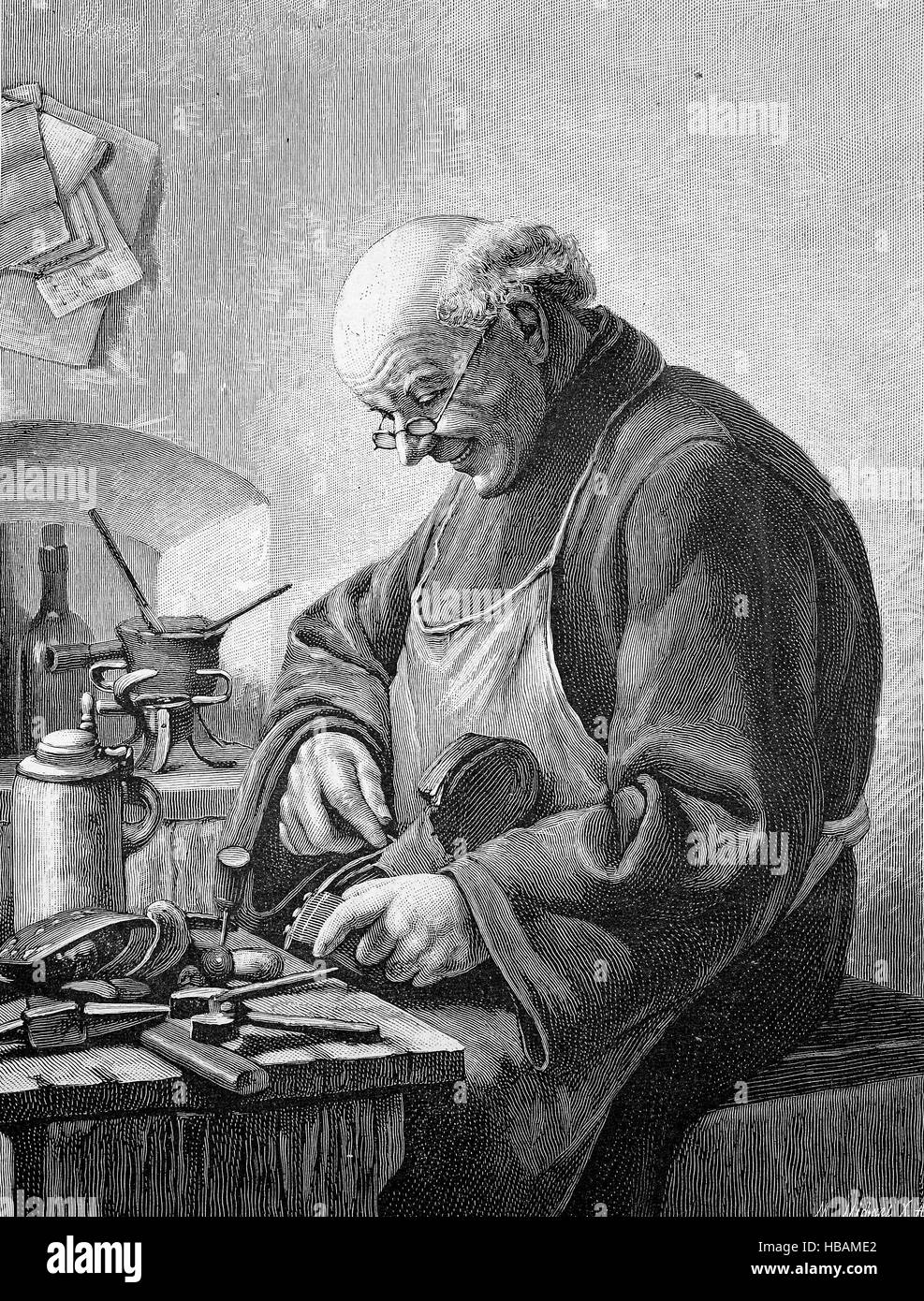 shoemaker in his workshop, historical illustration from 1880 Stock Photo