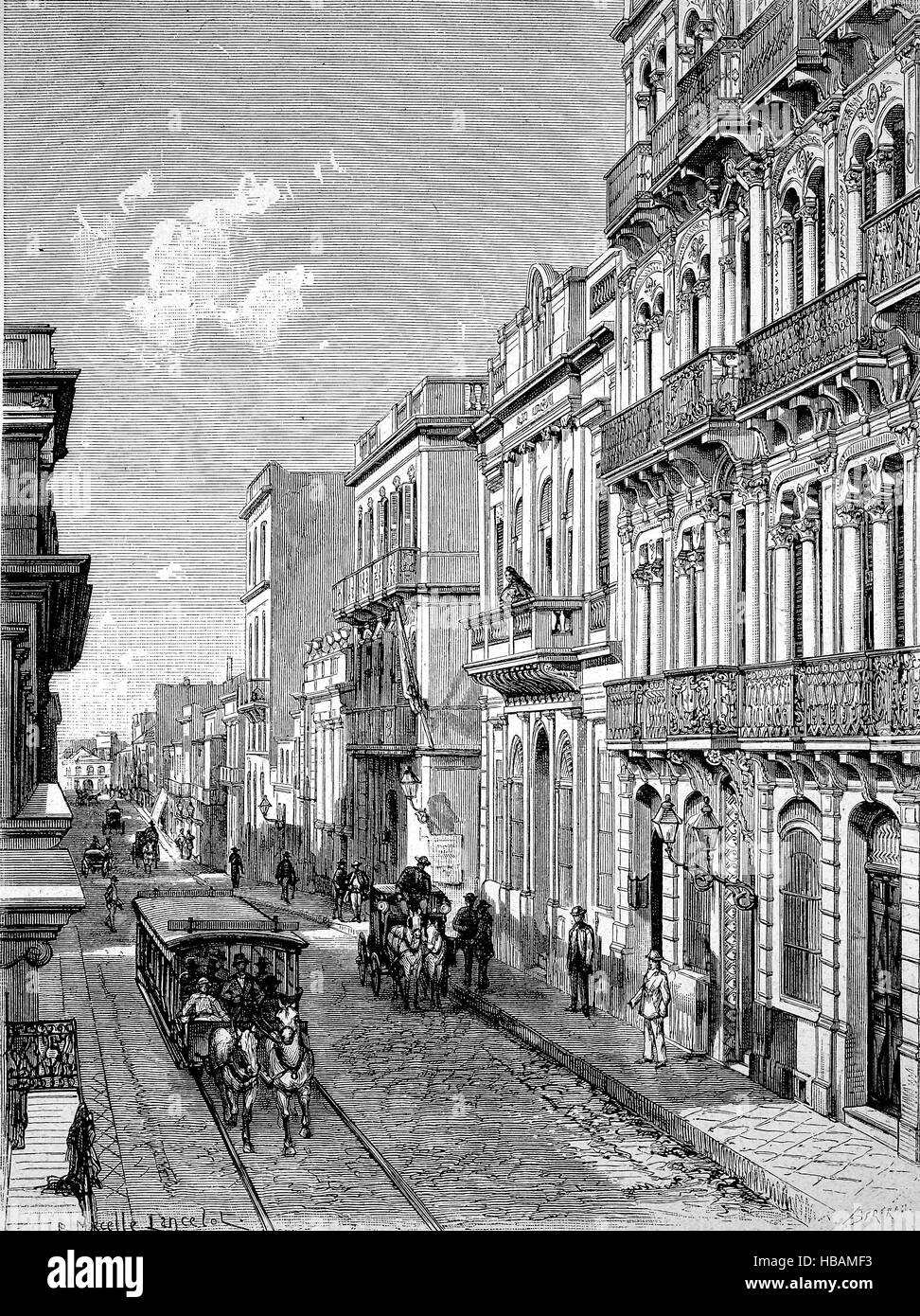 a street in Montevideo, Uruguay, hictorical illustration from 1880 Stock Photo