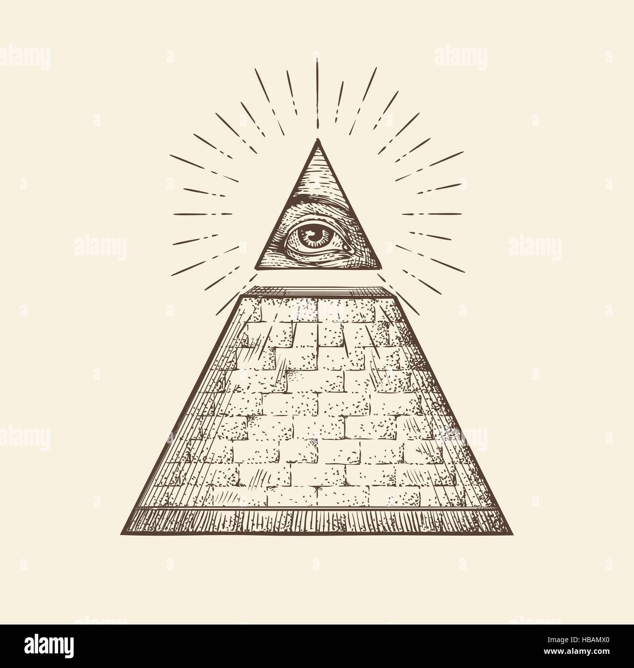 All seeing eye pyramid symbol. New World Order. Hand drawn sketch vector Stock Vector