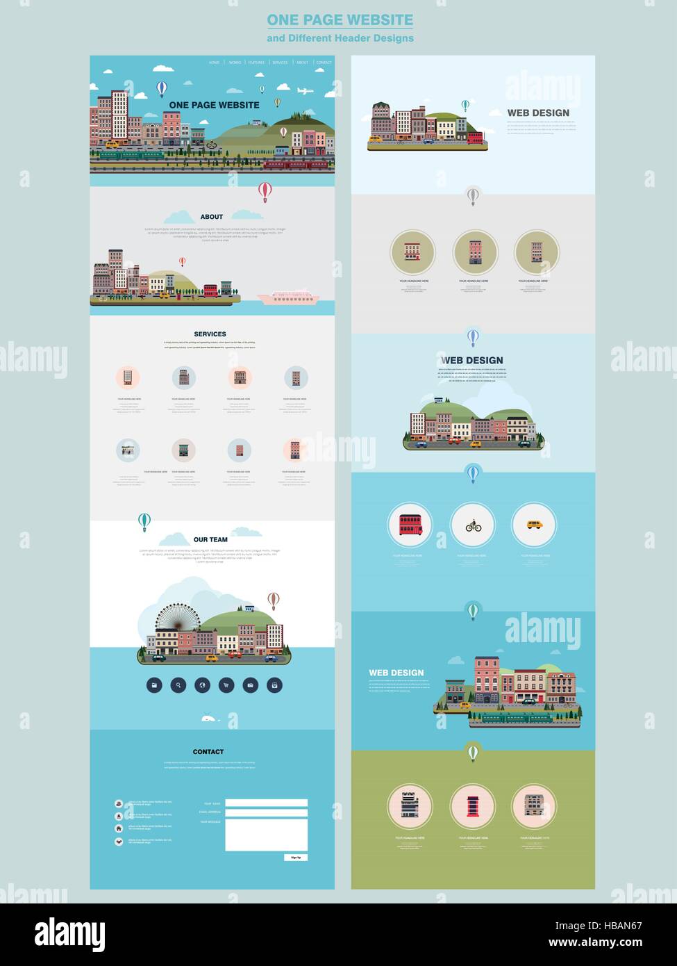 colorful country scenery one page website design template in flat style