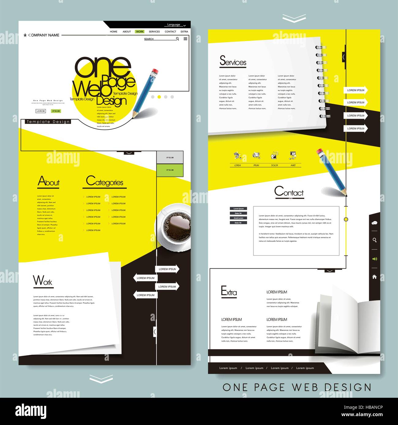 one page website template design with stationery concept Stock Vector