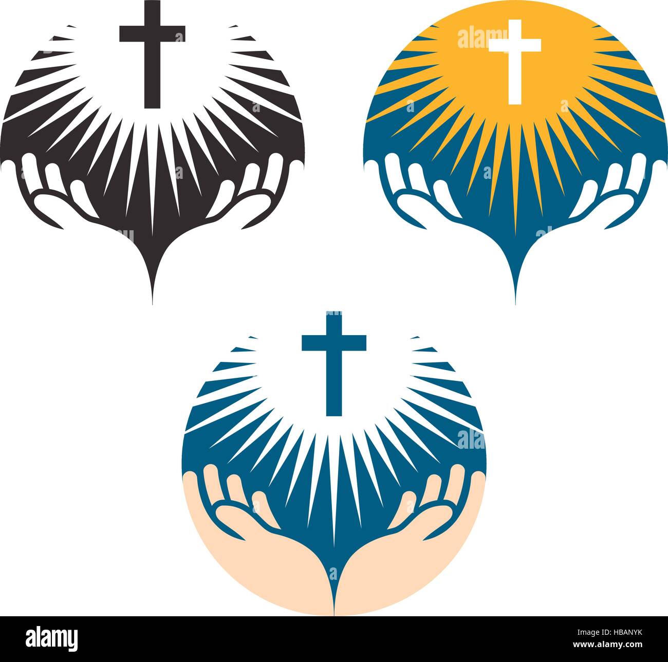 Crucifix symbol. Crucifixion of Jesus Christ icons. Church logo Stock Vector