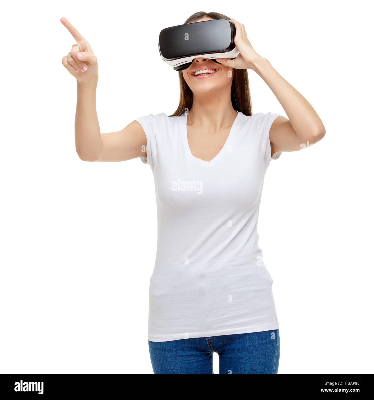 Woman with virtual reality goggles Stock Photo - Alamy