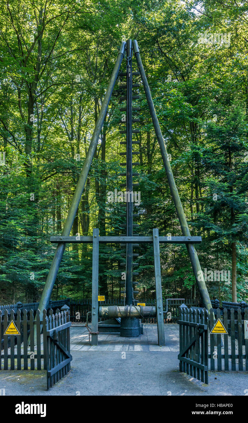 Franek oil well, 1860, still producing, with functioning hand-operated oil rig, Museum of Oil and Gas Industry in Bobrka, Poland Stock Photo
