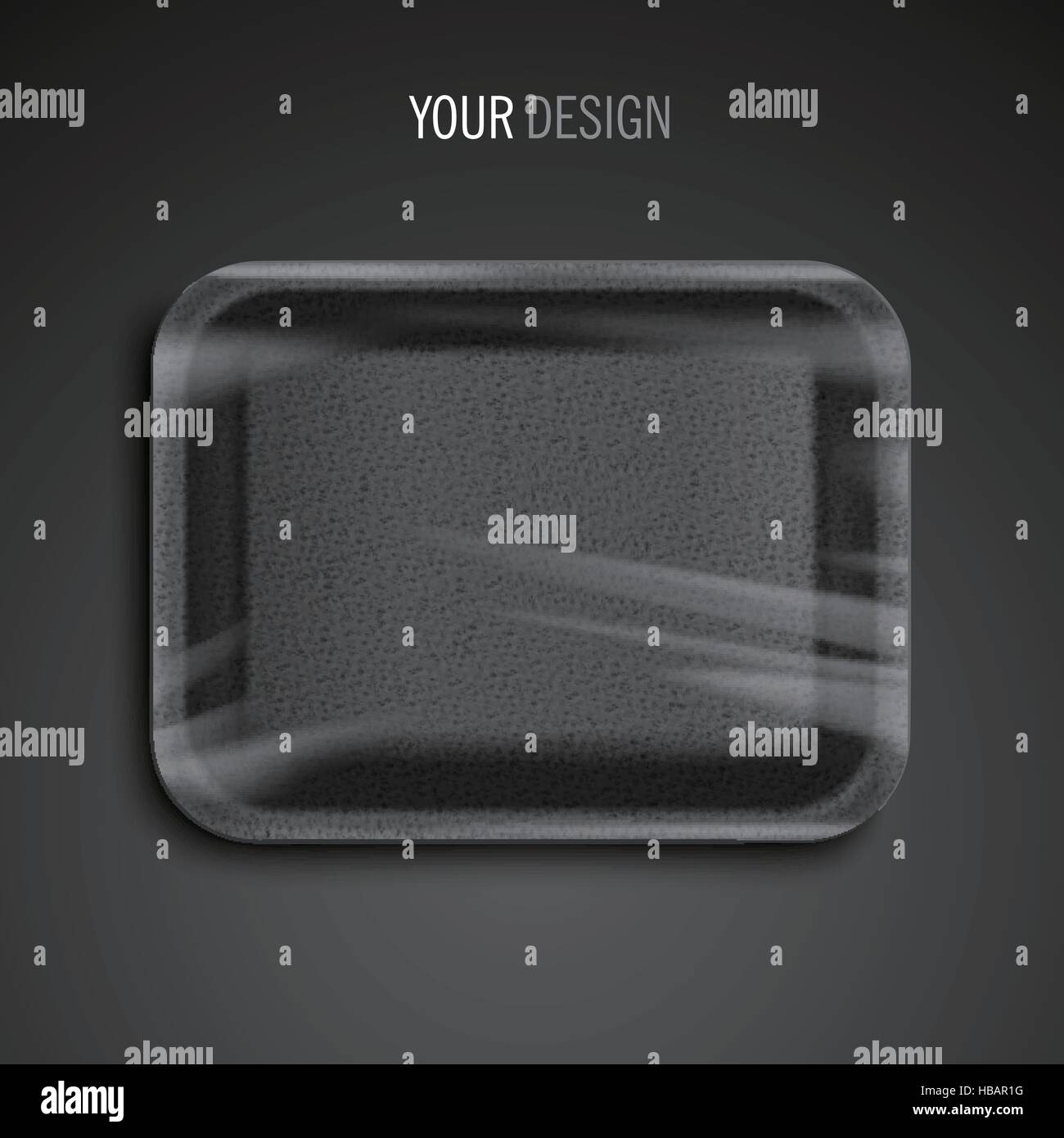empty wrapped black food tray over black background Stock Vector