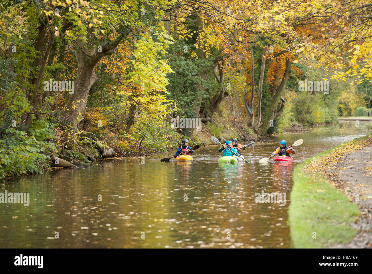 Four kayakers paddling on River Dee, Llangollen, North Wales Stock Photo