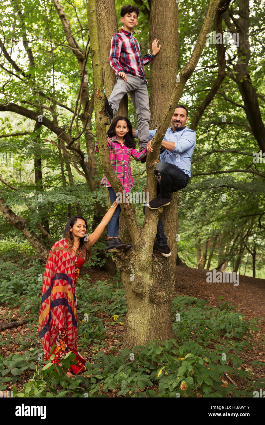 Portrait of family in forest, father and two children climbing tree Stock Photo