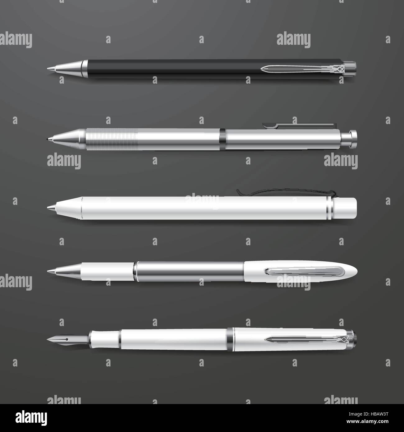 graceful white pens set isolated on black background Stock Vector Image ...