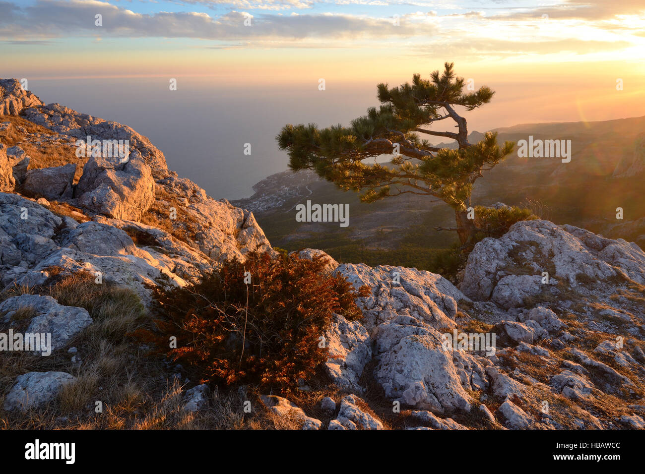 View of mountain sunset from Ai-Petri Mountain, Crimea, Ukraine Stock