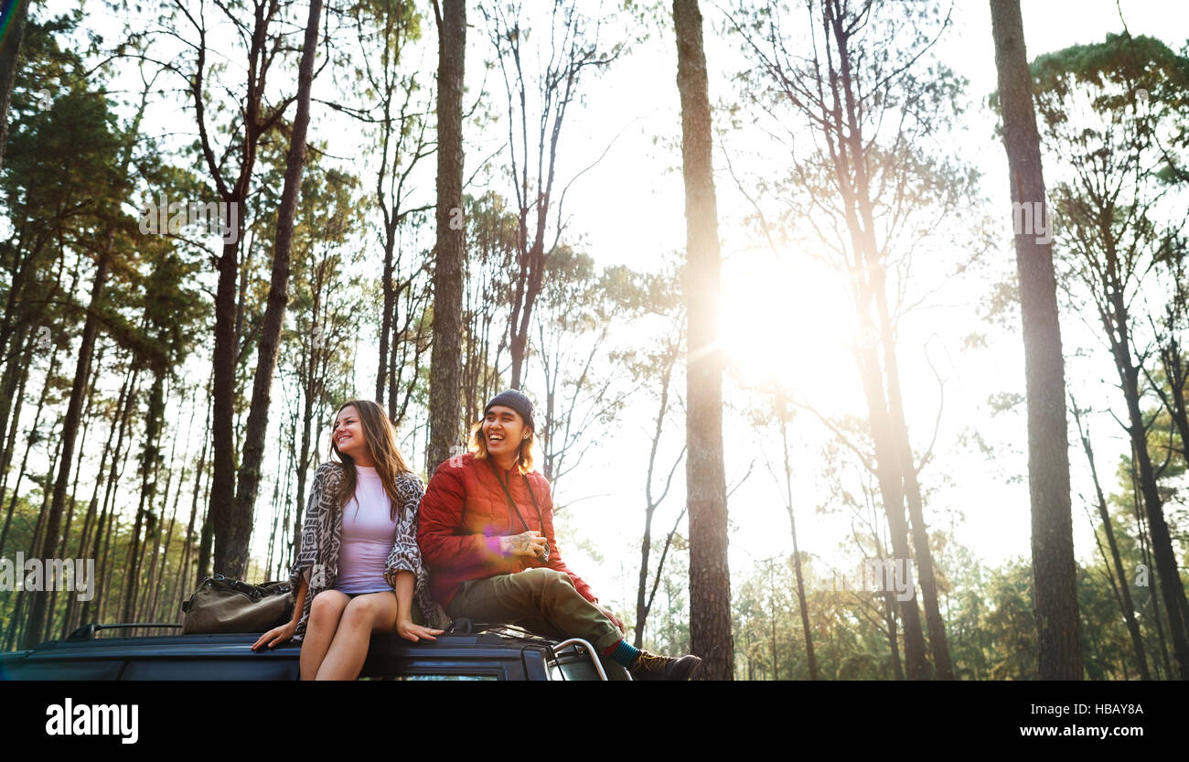 Backpacker Couple Travel Adventure Happiness Concept Stock Photo Alamy