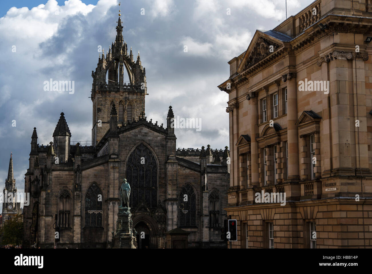 West exterior of Saint Giles Cathedral and bronze statue of Walter Francis Montagu Douglas Scott, 5th Duke of Buccleuch Stock Photo