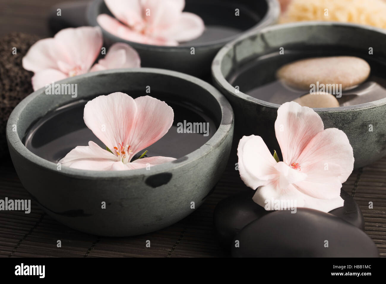 Spa still life, with pink flowers, stones and water Stock Photo - Alamy