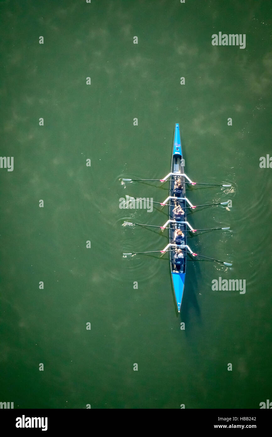 Aerial view, coxless four, rowing boat, rowing club Meschede Hennesee, Meschede (Sauerland