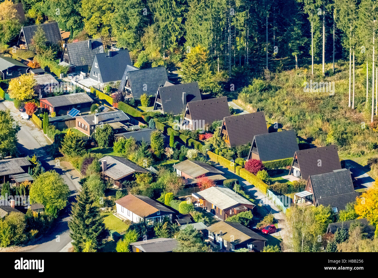 Aerial view, apartments, gabled house at the forest edge, Frenkhausen, District of Meschede with holiday homes, Meschede, Stock Photo