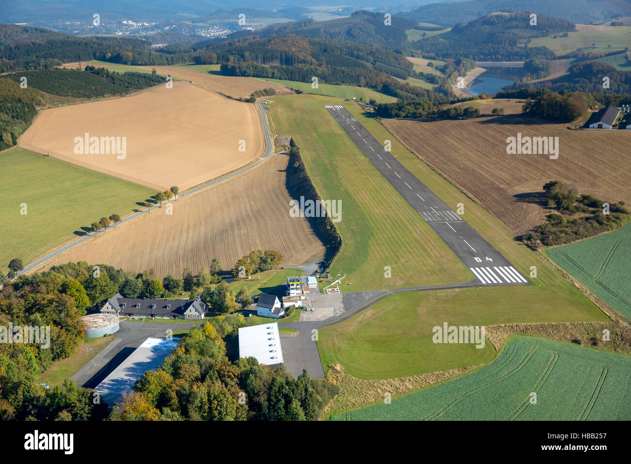 Aerial view, airfield , EDKM, runway 04, Stoke, District of Meschede, Meschede, Sauerland, North Rhine-Westphalia, Germany DE Stock Photo