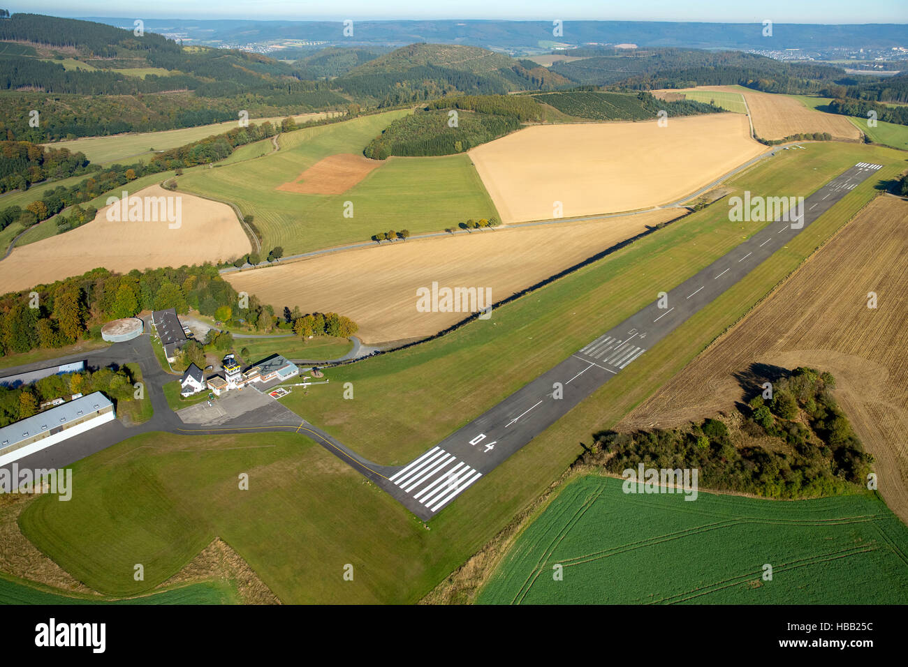 Aerial view, airfield , EDKM, runway 04, Stoke, District of Meschede, Meschede, Sauerland, North Rhine-Westphalia,Germany Stock Photo