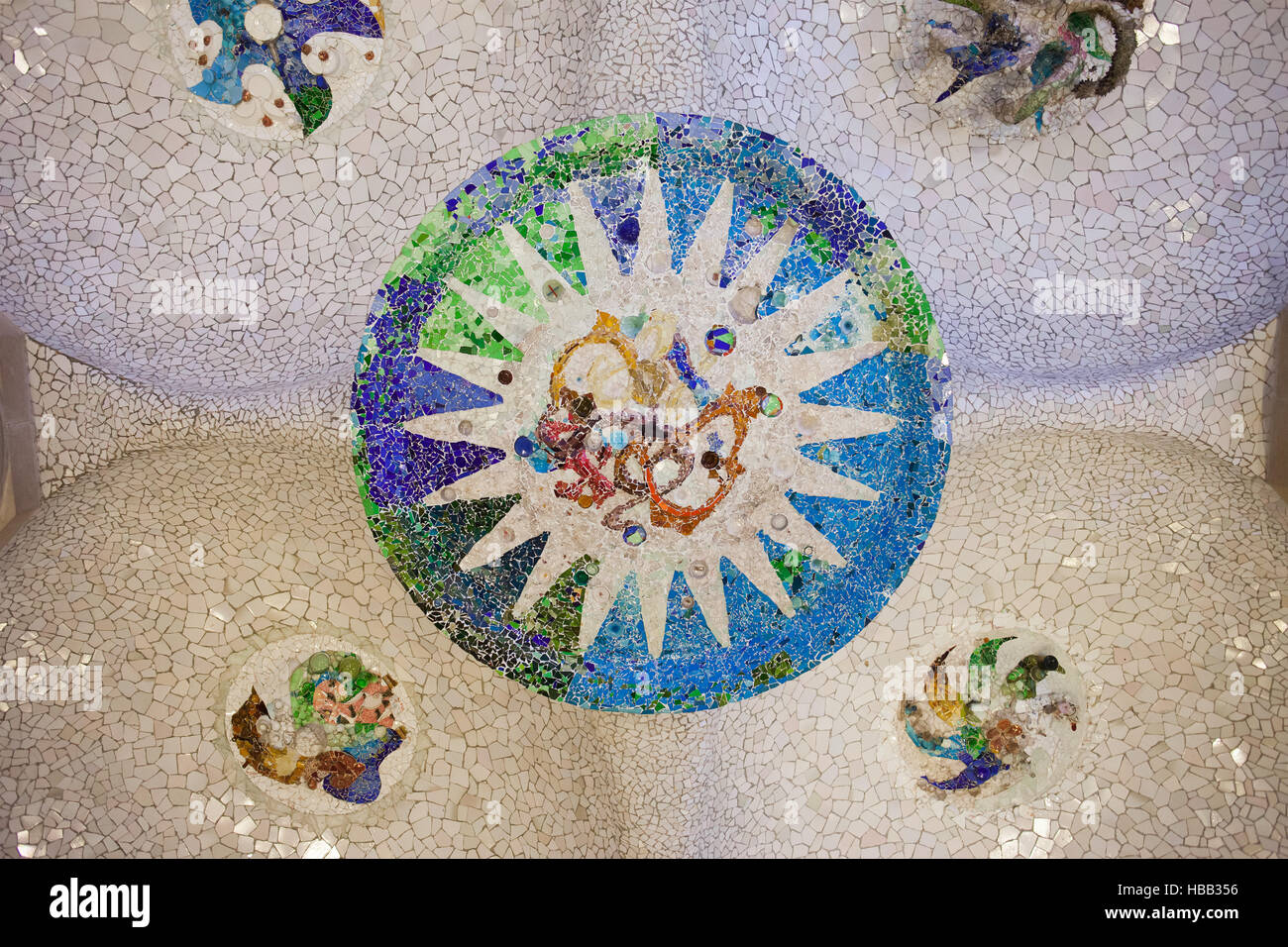 Spain, Barcelona, Park Guell, tiled ceiling of Hypostyle Room, Trencadis mosaic from broken tile shards by Gaudi Stock Photo