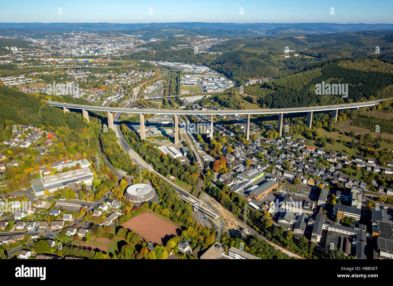 Aerial view, Siegtalbrücke, bridge, Sieg, highway A45, Sauerlandlinie, HTS construction, Eiserfeld, Niederschelden, Siegen, Stock Photo