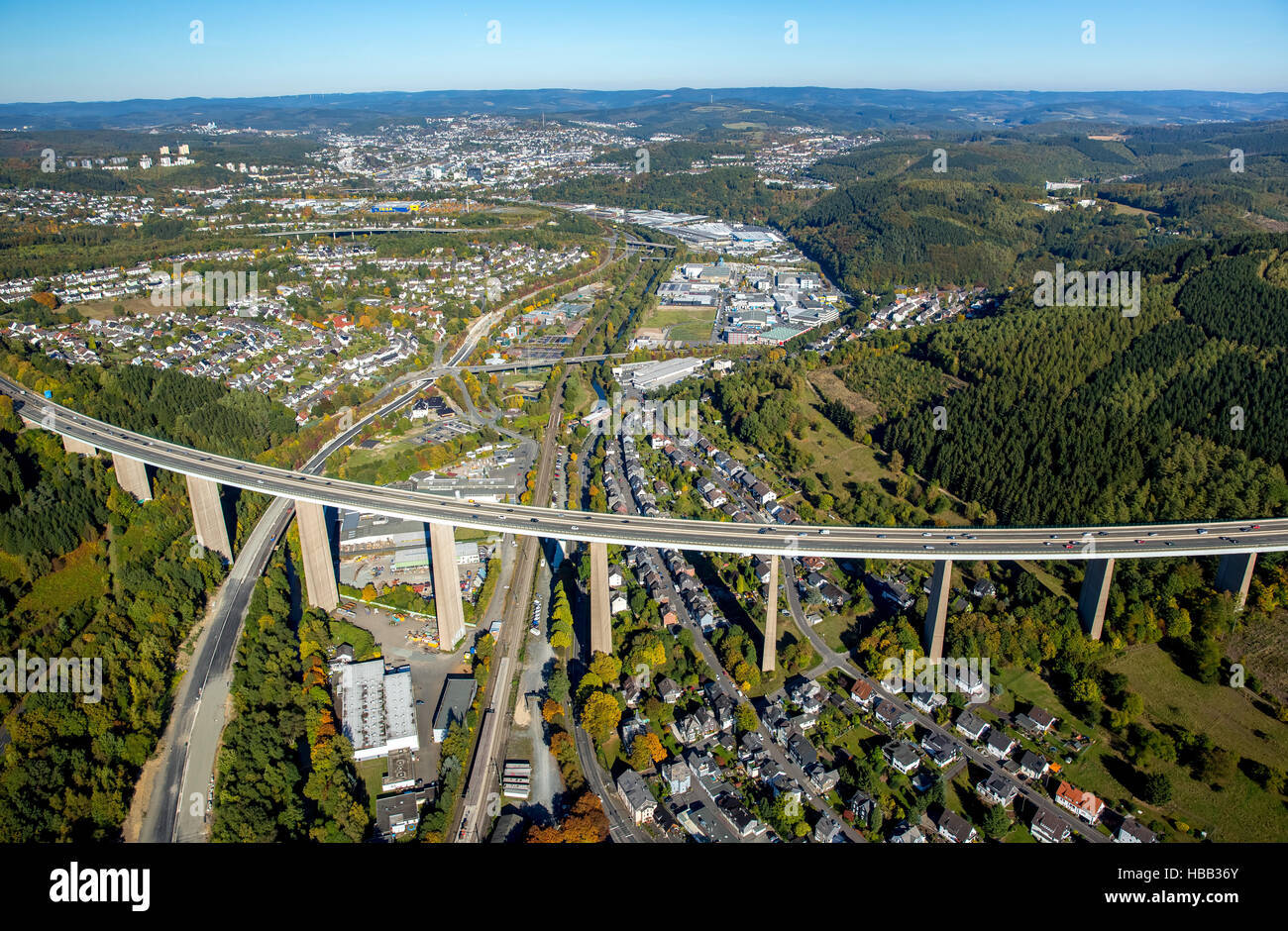 Aerial view, Siegtalbrücke, bridge, Sieg, highway A45, Sauerlandlinie, HTS construction, Eiserfeld, Niederschelden, Siegen, Stock Photo