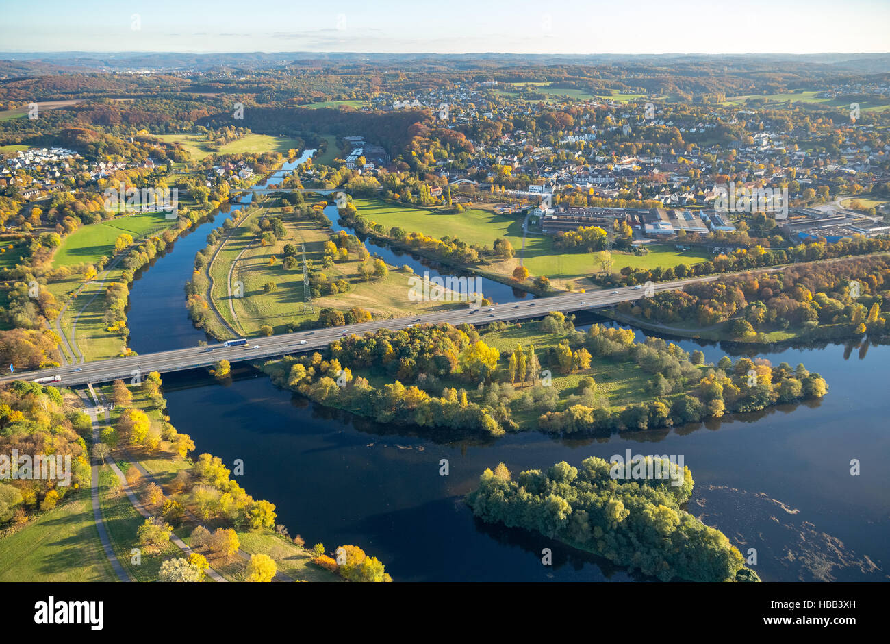 Aerial Highway Bridge A43 Kemnade between Heven and Herbede, Ruhr Valley, Ruhr, Witten, Ruhr area, North Rhine-Westphalia, Stock Photo