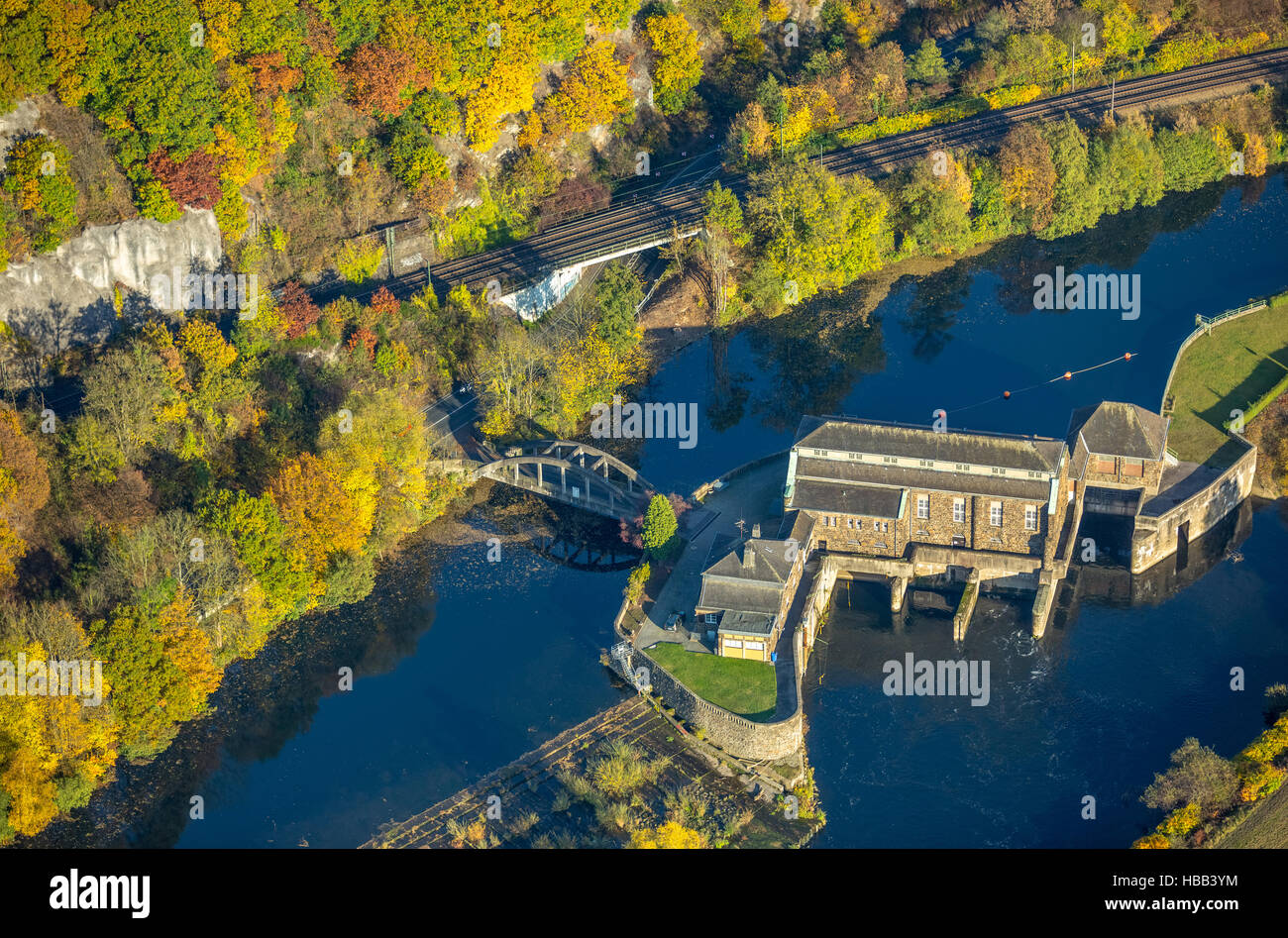 Aerial view, hydropower station Hohenstein area with small concrete arch bridge over the mill stream, Ruhr Valley, Witten, Ruhr, Stock Photo