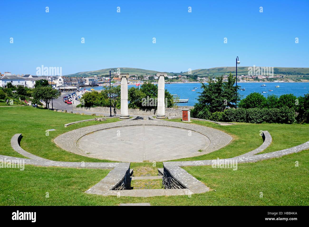 Contemporary mock Roman ampitheatre with views of the town and sea to the rear, Swanage, Dorset, England, UK, Western Europe. Stock Photo