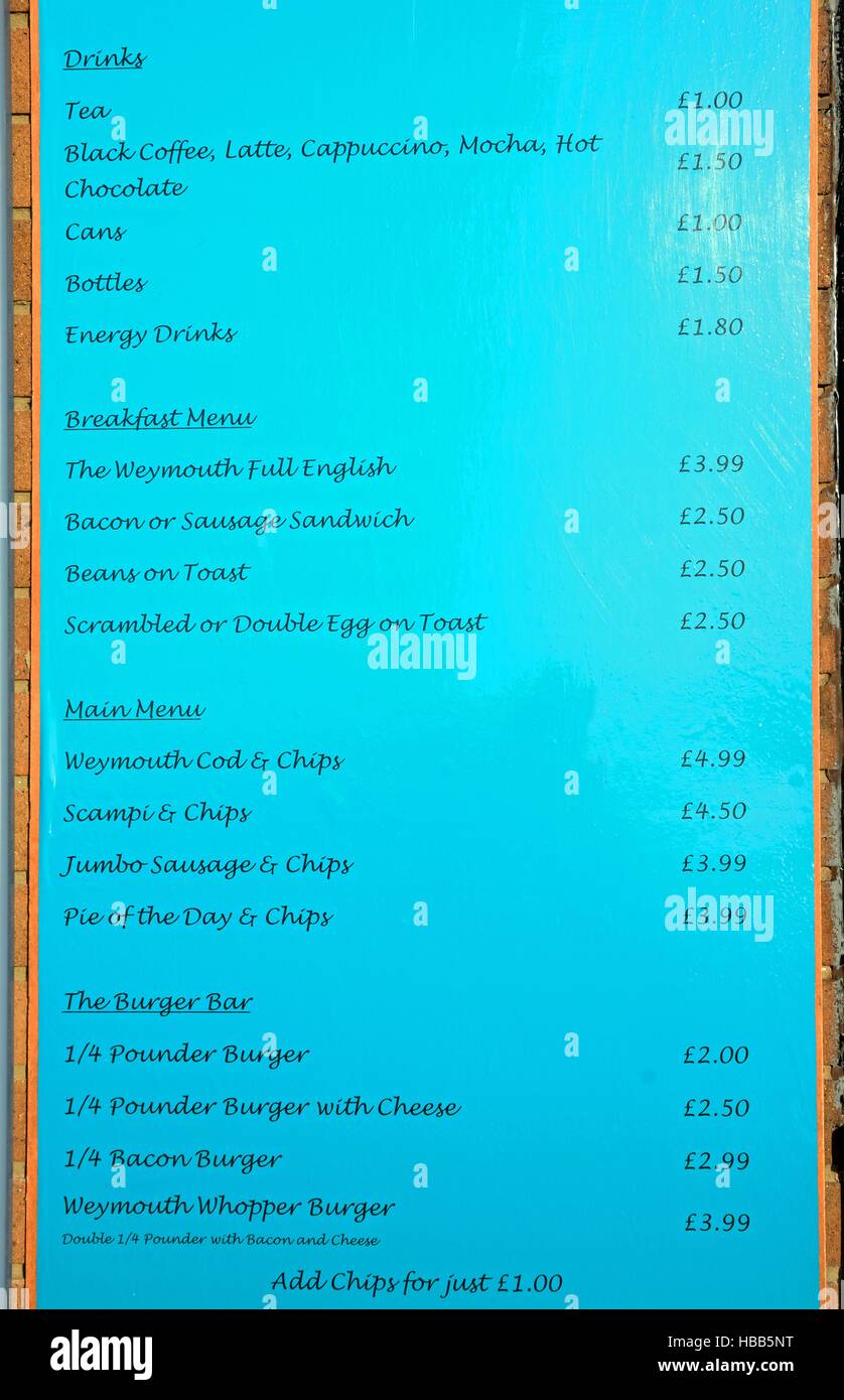Cafe menu sign showing choice and prices, Weymouth, Dorset, England, UK