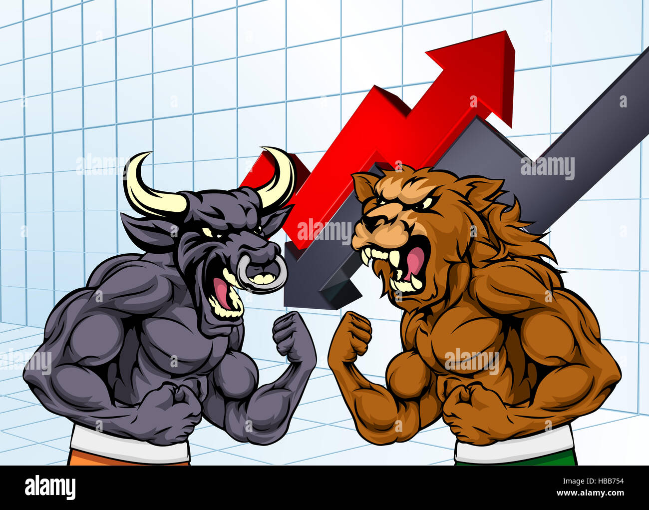 A cartoon bear fighting a bull mascot characters in front of a stock market or profit graph financial concept Stock Photo
