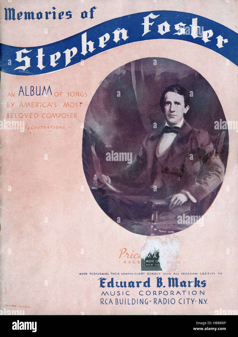 Memories of Stephen Foster, portrait circa 1850s, sheet music circa 1920s. Stock Photo