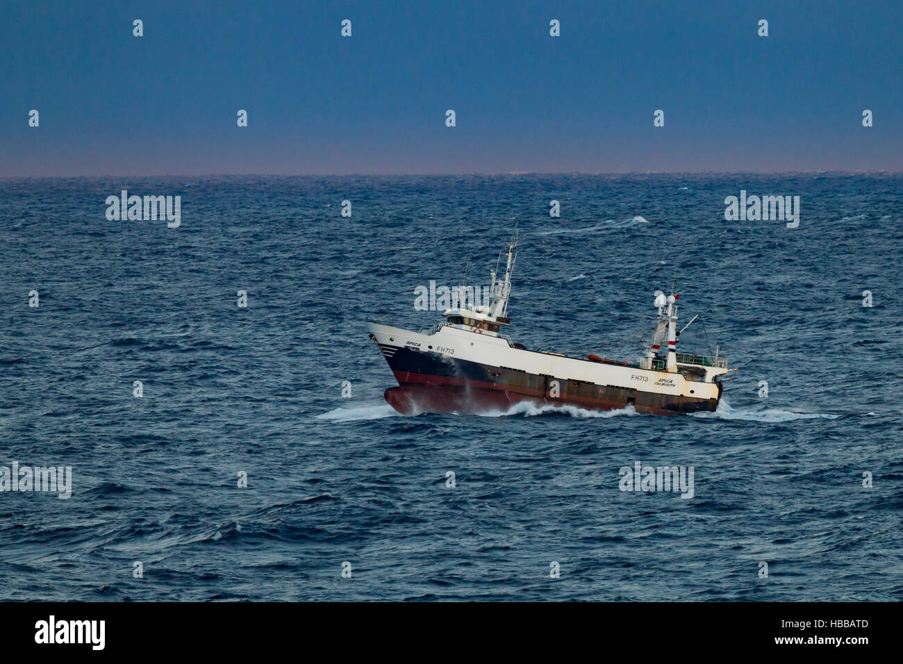 Fishing Trawler Spica in rough seas in the Atlantic. Stock Photo
