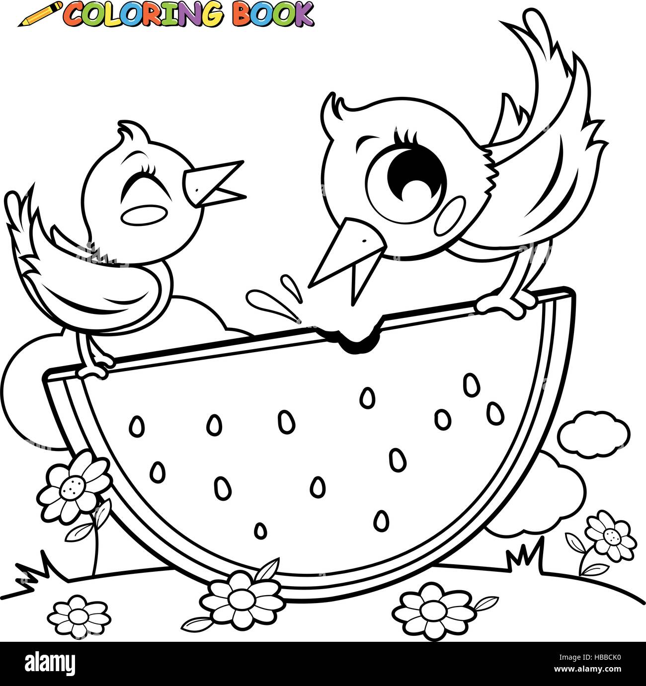 Birds eating watermelon coloring book page. Stock Vector