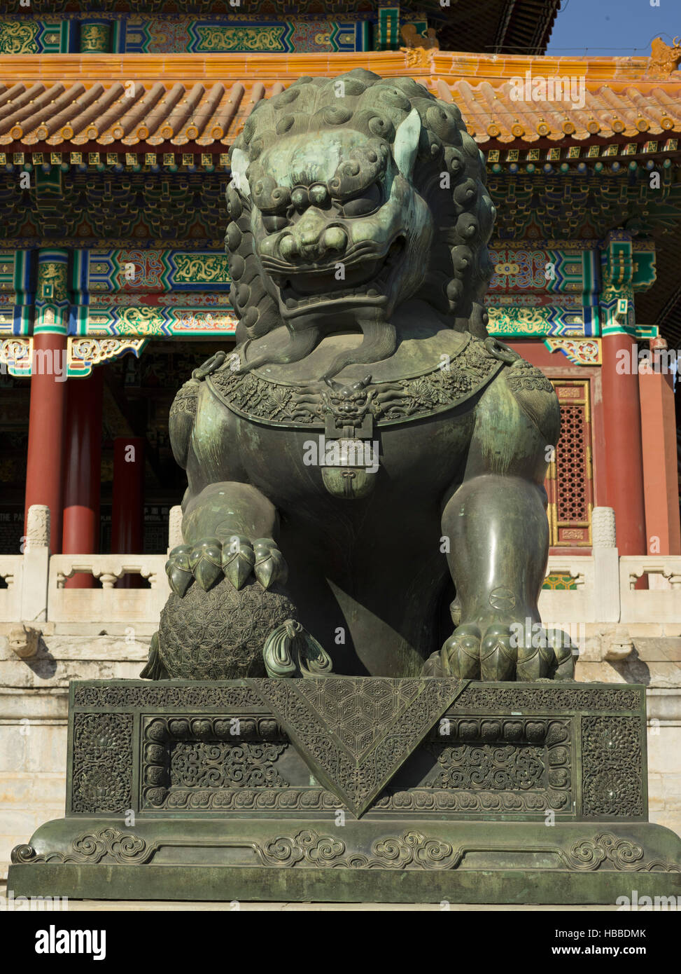 lion statue in front of Gate of Supreme Harmony in Forbidden City