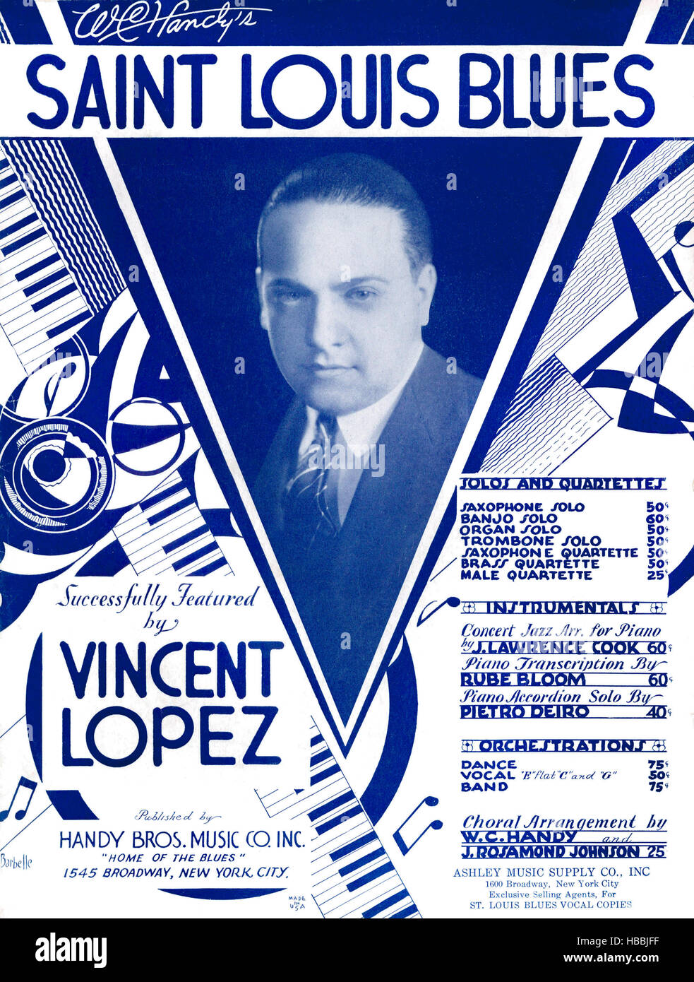 The Saint Louis Blues, sheet music by W.C. Handy, as performed by Vincent Lopez (pictured), circa 1920s. Stock Photo