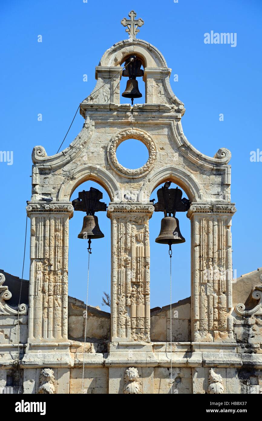View of Arkadi Monastery bell tower, Arkadi, Crete, Greece, Europe. Stock Photo