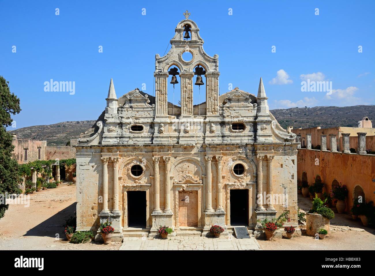 Elevated view of Arkadi Monastery, Arkadi, Crete, Greece, Europe. Stock Photo