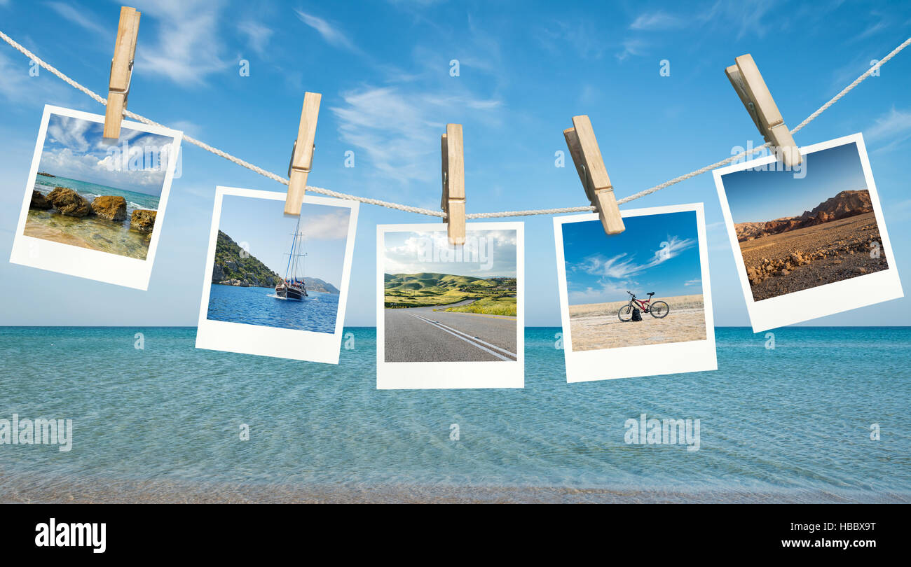 Pictures of summer destinations against blue sky and sea Stock Photo