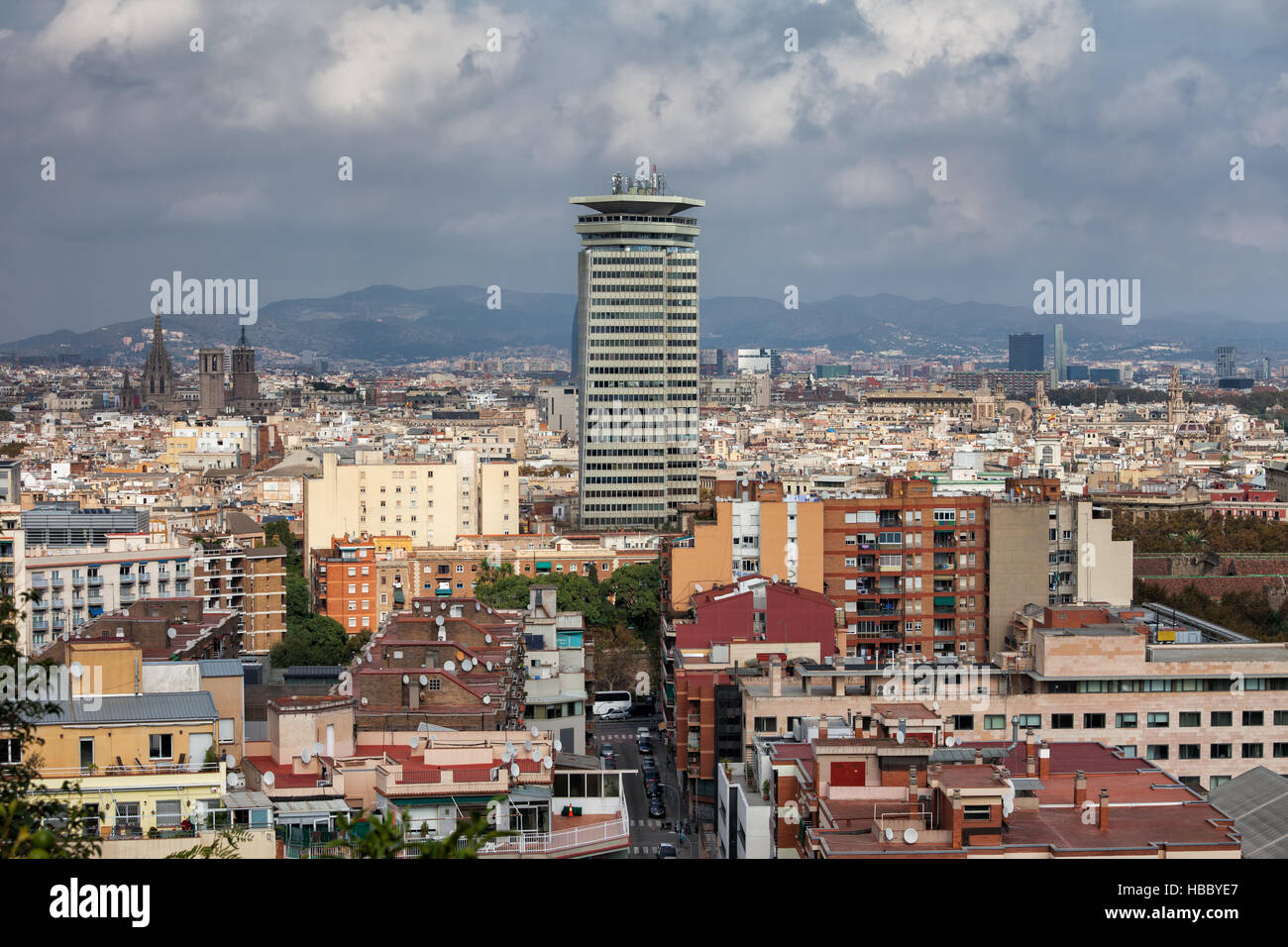 City of Barcelona cityscape in Catalonia, Spain, on the first plan El Poble-Sec and El Raval districts. Stock Photo