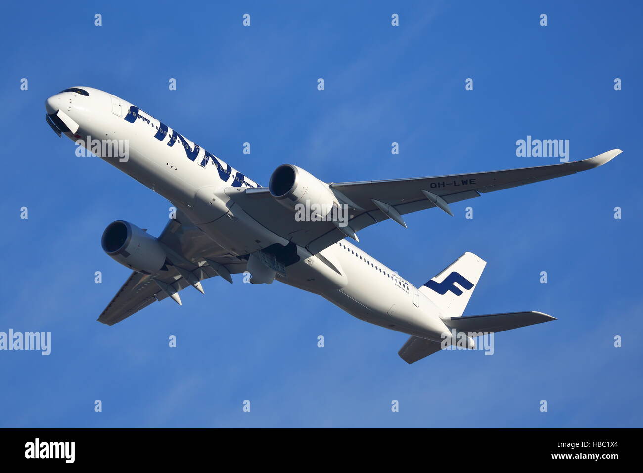 Finnair Airbus A350-900 OH-LWE departing from London Heathrow Airport, UK Stock Photo