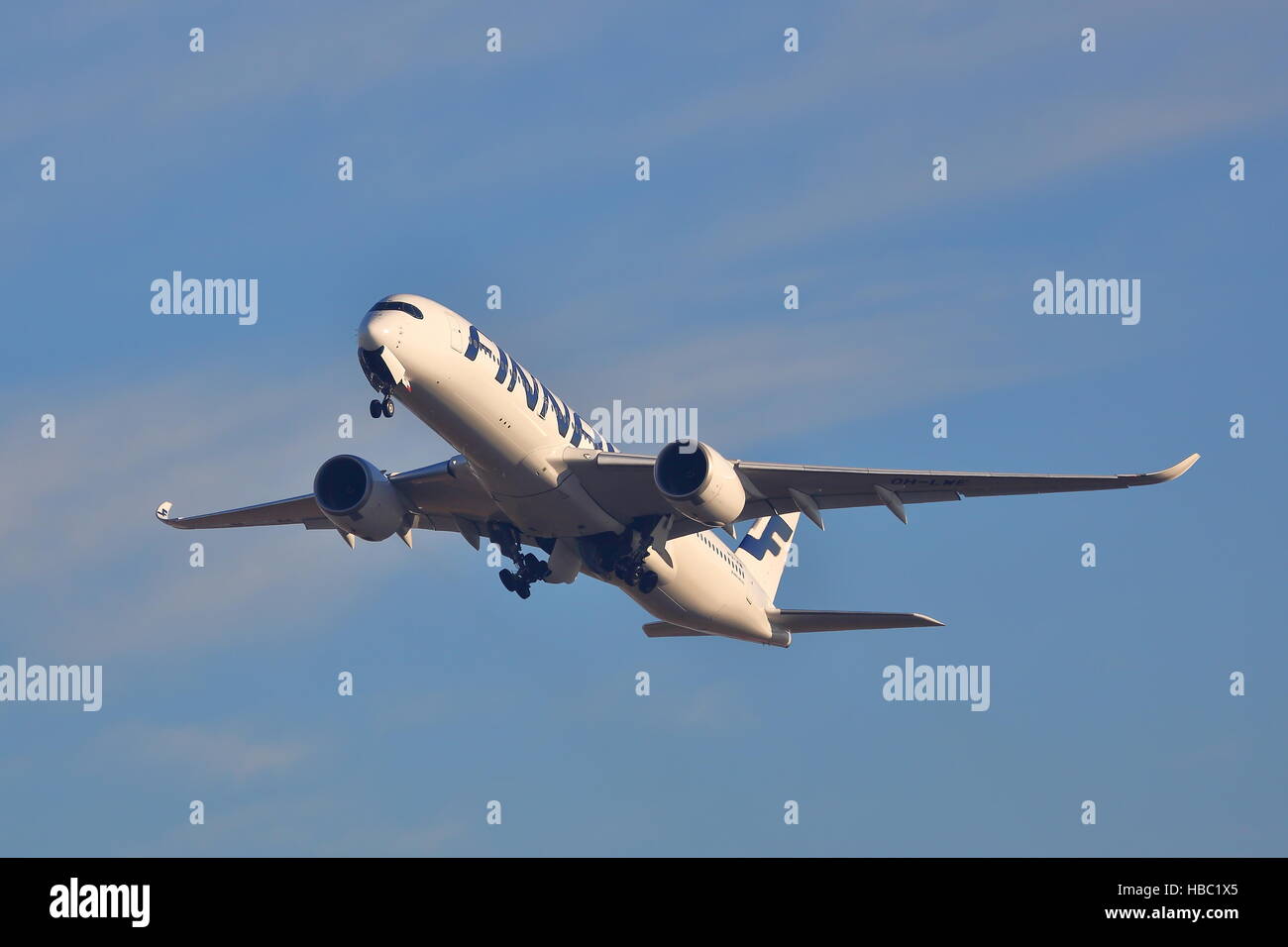 Finnair Airbus A350-900 OH-LWE departing from London Heathrow Airport, UK Stock Photo