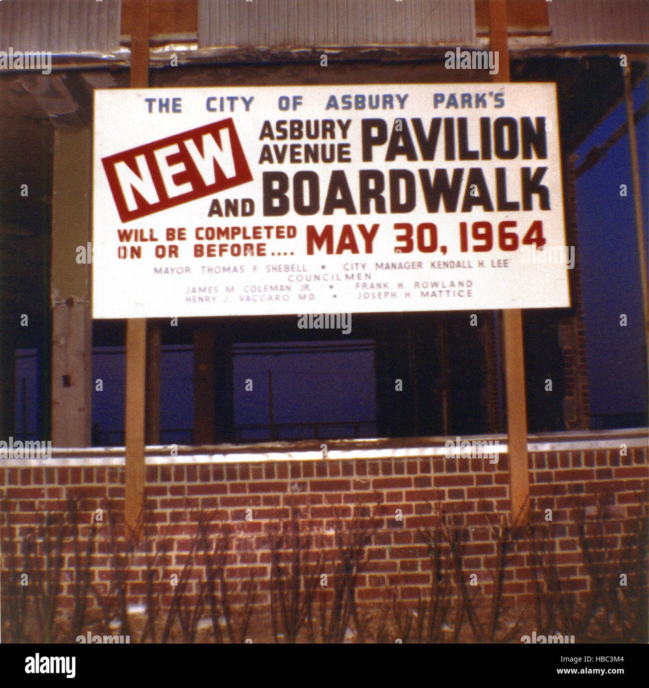 Asbury Park, sign at the Pavilion and Boardwalk detailing construction and improvements, reads