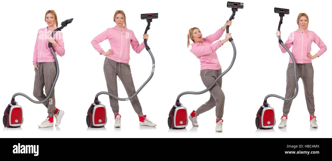 Young woman with vacuum cleaner on white Stock Photo - Alamy