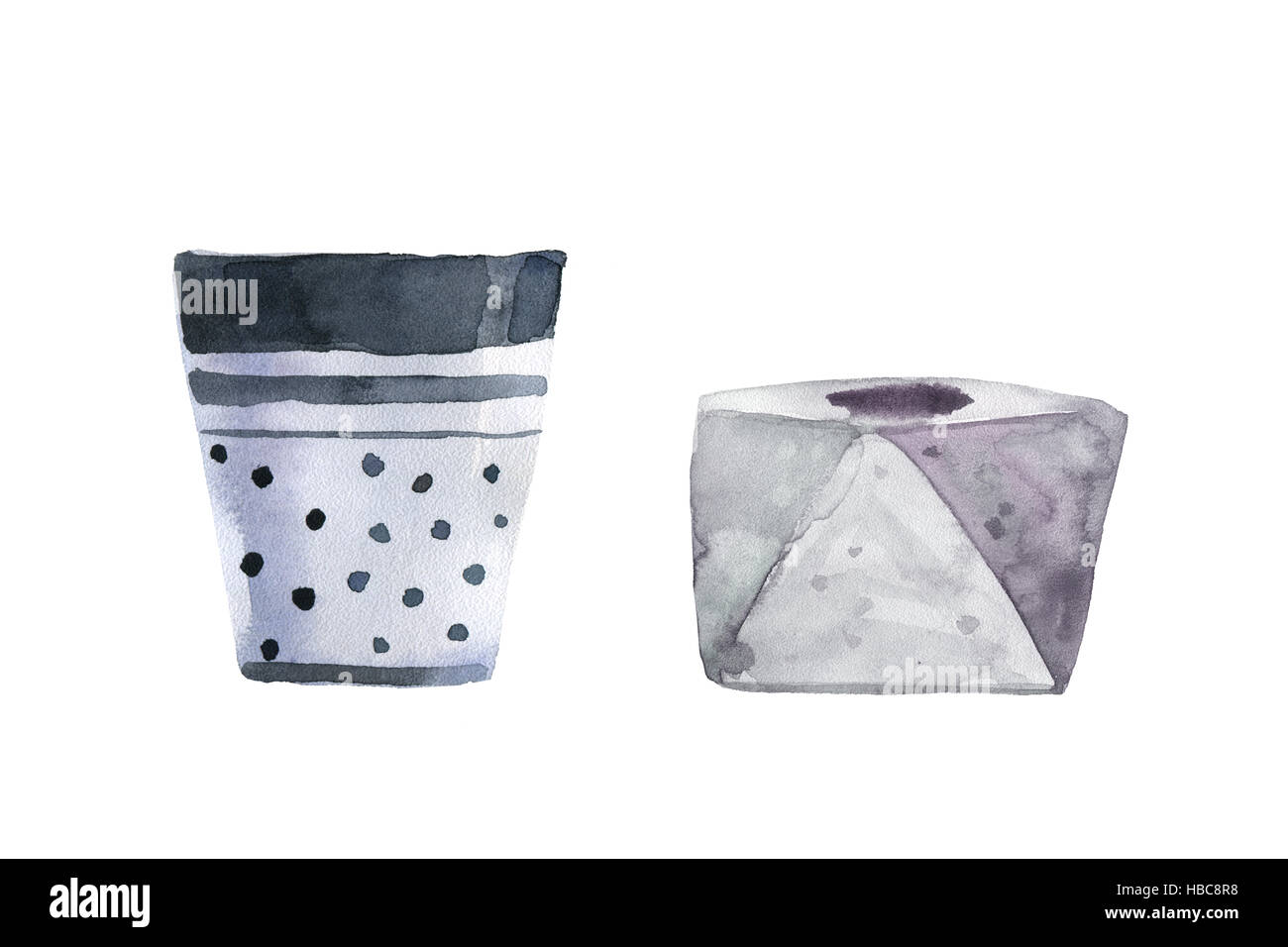Watercolor hand drawn illustration. Set of pots Stock Photo - Alamy