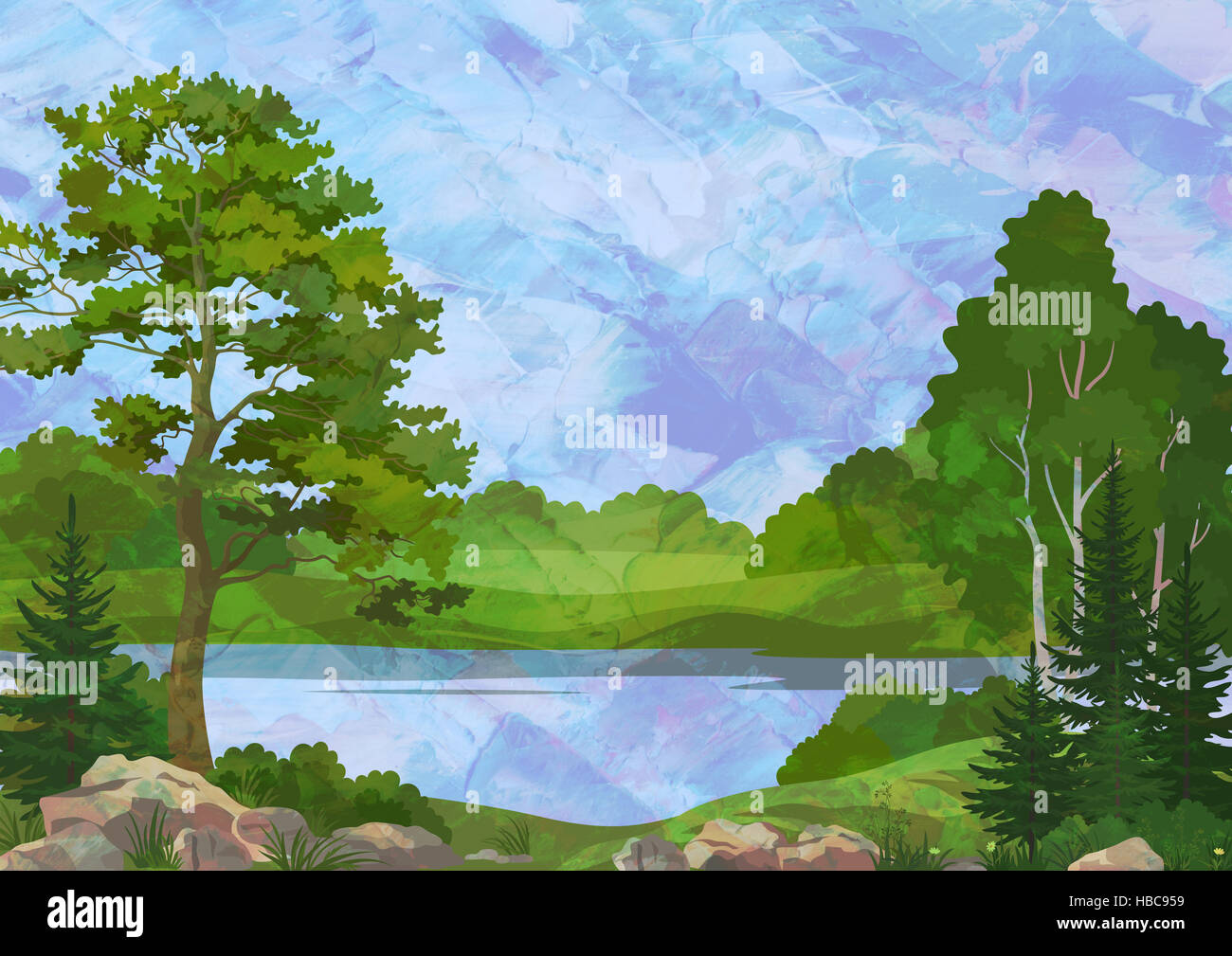 Landscape with Trees and Lake Stock Photo - Alamy